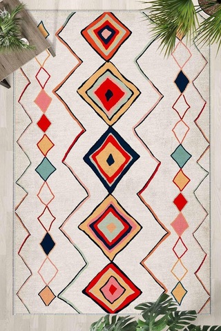 Krem Halı 1103 - Yıkanabilir, Kaymaz Taban, Dijital Baskılı, Leke Tutmaz, İnce Hav, Modern Salon, Oturma Odası, Ya Çok Renkli