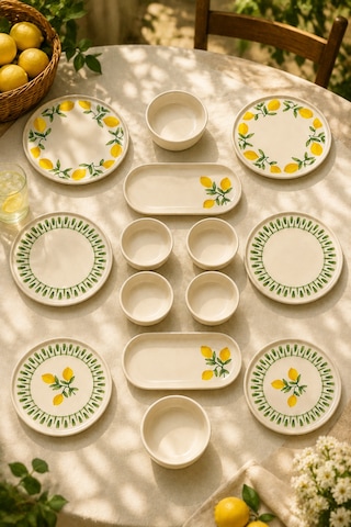 Yeşil Limon 14 Parça 6 Kişilik Handmade Stackable Seramik Tabak Seti Premium Sunum & Kahvaltı Takımı Beyaz