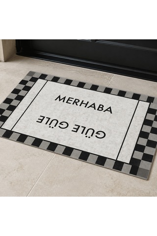 Kartela Halı Merhaba Güle Güle Damalı Kapı Paspası Siyah Beyaz Kaymaz Kauçuk Taban 60x90 Cm