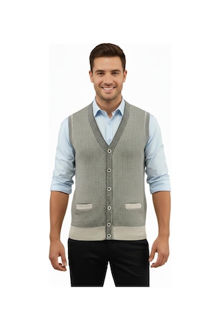 Çizgi Triko Erkek Düğmeli Yelek Cepli Çelik Örgü Klasik Kalıp 5208l Bgl-st04964 Taş