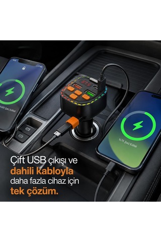 Lexroo Bluetooth 5.3 Fm Transmitter, Dahili Type-c Kablolu Çift Usb 3.1a Araç Şarjı