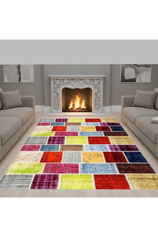 Çok Renkli Patchwork Eskitme Desenli Dijital Baskılı Kaymaz Tabanlı 6 Mm Yıkanabilir Halı