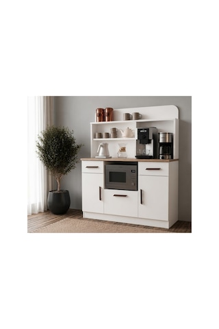 Rudu Milano Kahve Köşesi Mutfak 120x41x161cm Çok Amaçlı Dolap 3 Kapaklı 3 Raflı 2 Çekmeceli-beyaz