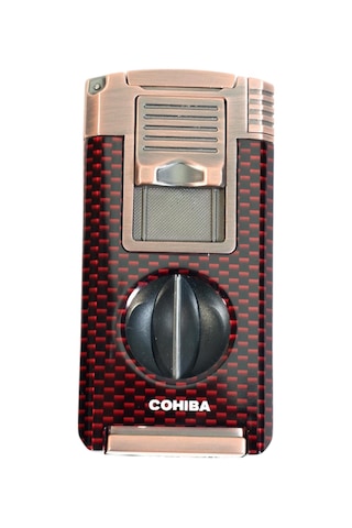 Cohiba Çift Torch Pürmüz Dahili Kesici Delicili Kırmızı Karbon Desenli Bronz Metal Puro Çakmağı - Tr9586