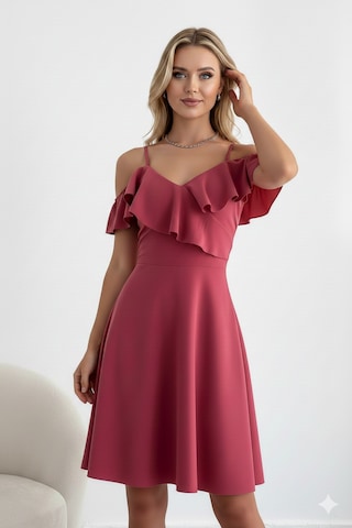 Defymoda Kadın Kısa Boy Zarif Tasarım Şık Elbise Pembe