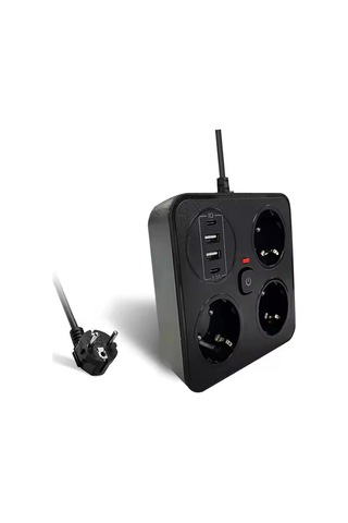 Akım Korumalı Anahtarlı Priz - 3x Priz - 2x Usb - 2x Type-c - 2 Mt Kablo Hızlı Şarj Özellikli Siyah 0