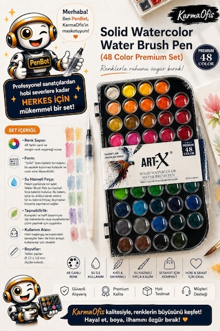 Art-x 48 Renk Solid Suluboya Seti Su Hazneli Fırça Kalemli Profesyonel Tablet Boya Krem