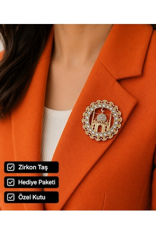 Zirkon Taşlı Osmanlı Motifli Ayasofya Ve Hilal Tasarım Altın Renk Kadın Broşu Açık Gri