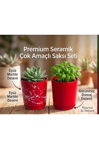 2 Li Seramik Saksı Kalemlik,fırçalık,masa Organizeri / Modern Dekoratif El Yapımı Tasarım Kırmızı