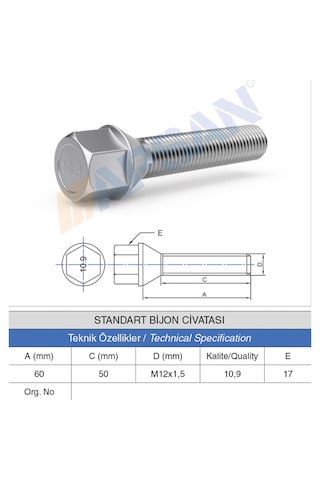 20 Adet Standart Bijon Civatası 50mm M12X1.5 DİŞ 20 Adet Standart Bijon Civatası 50mm M12X1.5 DİŞ
