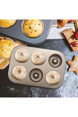 Xurunkeji Madeleine Pan, Yapışmaz Donut Tepsisi, 2 Parça Donut Pişirme Tepsisi, Karbon Çelik Donut Kalıbı, 6 Donutluk Donut Pişirme Kabı Poşeti Kalıbı Altın