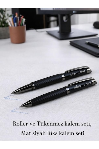 Mat Siyah Kişiye Özel Lüks Kutulu Roller Ve Tükenmez Kalem Seti