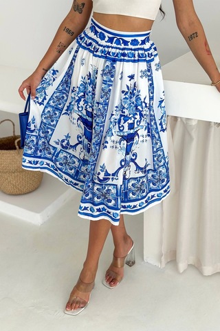 İthal Krep Kumaş Desenli Etek Mavi Mavi