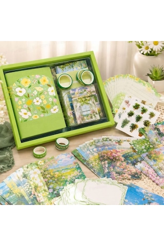 Vintage Çiçek Desenli A6 Günlük Ve Ajanda Hediye Seti - Estetik Scrapbooking Ve Günlük Süsleme Kit Kutusu 116 Parça Yeşil