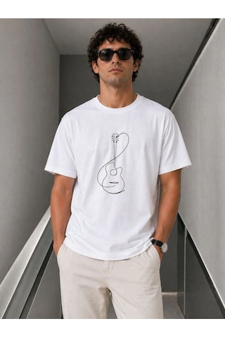 Vexor Erkek Minimal Gitar Baskılı Tişört T-shirt Yazlık Kısa Kol Bisiklet Yaka T-shirt - Beyaz Çok Renkli