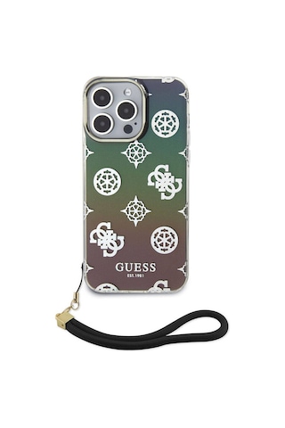 Apple Uyumlu iPhone 15 Pro Kılıf Guess Lisanslı Yazı Logolu Askı İpli Holografik Glitter Peony
