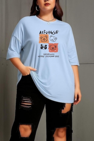 Benroma Büyük Beden Aef Ayıcık Baskılı Unisex Tişört Bebe Mavisi