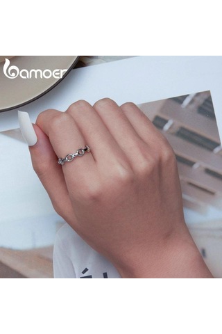 Bamoer 925 Ayar Gümüş Metal Zincir Ayarlanabilir Yüzük Kadınlar İçin Gümüş Moda Kilit Zincir Yüzük Bildirimi Band Takı
