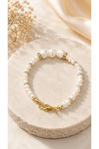 İncisi Bileklik - Tatlı Su Kültür İncisi 4-8 Mm - 316l Çelik Gold Aparatlı Kadın Bileklik Beyaz