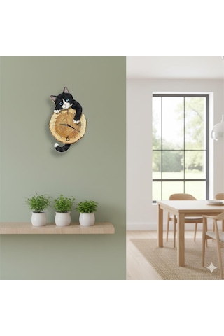 Cajuart Kütük Üzerinden Bakan Smokin Kedi Tasarımlı Duvar Saati Modern Dekoratif Saat Kahverengi