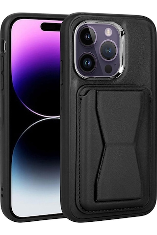Goocamp Apple Uyumlu iPhone 14 Pro Kartlıklı Standlı Pu Deri Memo Kılıf-siyah Siyah