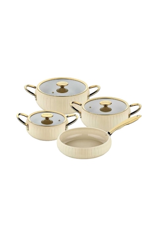 Oms 7 Parça Biogranit Seramik Tencere Seti Krem-gold 12001