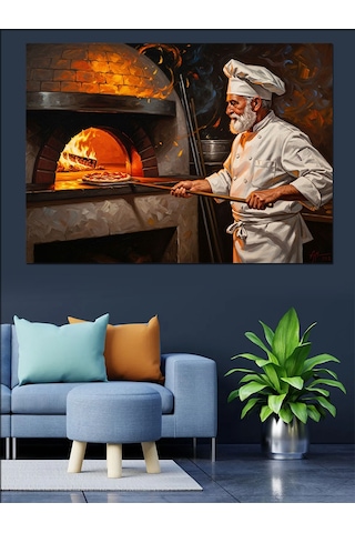 Ahşap Tablo Taş Fırında Pizza Pişiren Şef