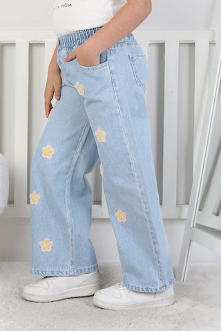 Moonch Kız Çocuk Çiçek Nakışlı Geniş Paça Jean Pantolon Mavi