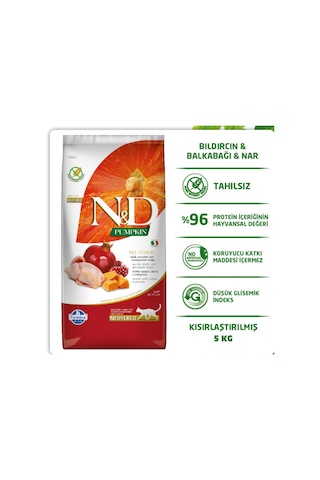 N&D Pumpkin Tahılsız Bal Kabaklı Bıldırcınlı ve Narlı Kısırlaştırılmış Yetişkin Kedi Maması 5 KG
