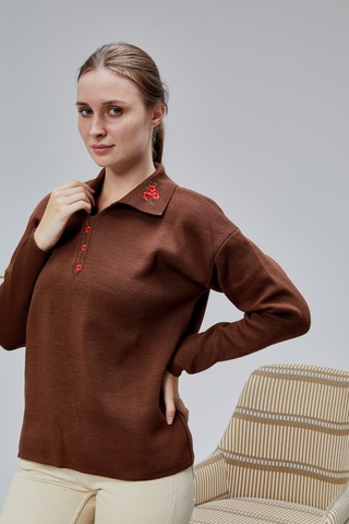 Lugmo Kadın Polo Yaka Oversize Çiçek Nakışlı Triko Kazak Kahverengi Kahverengi