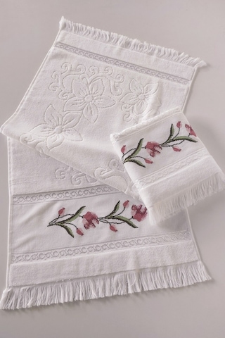 Kanaviçe Nakışlı Güllü Kadife El Yüz Havlusu Seti-2'li - 50x90 Cm- Beyaz Beyaz Beyaz