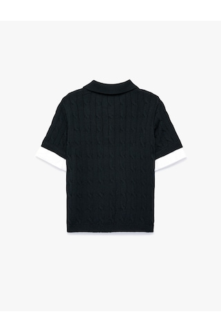 Koton Regular Fit Renk Kontrastı Kısa Kollu Polo Yaka Saç Örgü Kazak Lacivert 7wak90600ht
