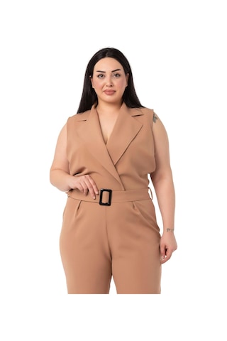 Büyük Beden Kruvaze Beli Lastikli Fermuar Kapamalı Kemerli Vizon Tulum-vizon Vizon