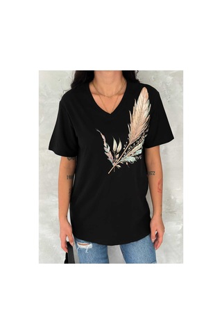 Cassime Kadın Büyük Beden Omzu Yaprak Pul Payet Nakışlı Tişört Xl-2xl-3xl Siyah