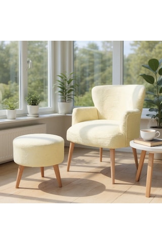 Roma Berjer + Puf Set - Welsoft Yumuşak Kumaş - Ahşap Ayak - Krem Krem