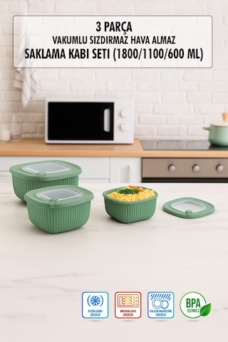 Kare 3 Parça Vakumlu Sızdırmaz Hava Almaz Saklama Kabı Seti Yeşil 1800/1100/600 Ml Yeşil