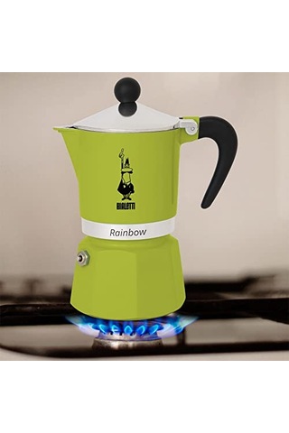 Bialetti - Rainbow: 3 Cups Ocak Üstü Espresso Pişirici - 130ml - Yeşil Renk - Alüminyum Gövde - Patentli Güvenlik Valfi - Tüm Ocak Türleri İçin Uygundur İndüksiyon Hariç Enerji Sınıfı A+