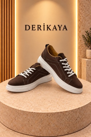 Deri Kaya Erkek Nubuk Deri Bağcıklı Günlük Sneaker Spor Ayakkabı Kahverengi
