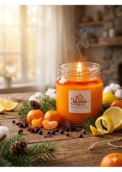 Mandalina Limon Ve Çam Kokulu Doğal %100 Soya Wax 200cc Kapaklı Cam Kavanoz Mum Turuncu