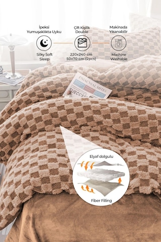 Evlen Home Çift Taraflı Kişilik Kürk Yorgan Uyku Seti Yumuşak Dolgulu Yatak Örtüsü 3 Parça Polo Kahverengi