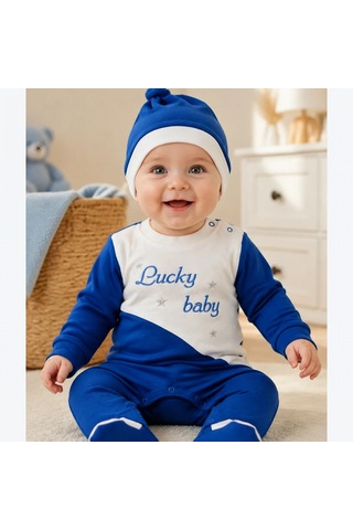 Candar Lucky Baby Es Çizgi Boy Nakışlı Şapkalı Erkek Bebek Tulumu 0-3 Ve 3-6 Ay Lacivert