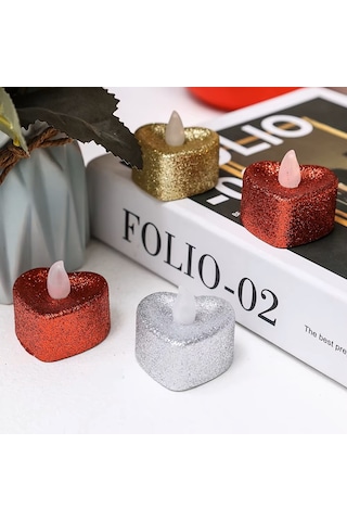 Vıp Özel Tasarım 24 Adet Simli Kalpli Renkli Led Işıklı Mum Gold Gümüş Kırmızı Kalpli Tea Light Mum Renkli
