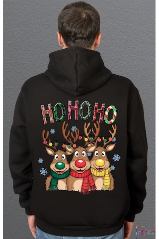 Bumeta Ho Ho Ho Noel Geyiği Yılbaşı Sweatshirt Unisex Kapüşonlu Hoodie Siyah