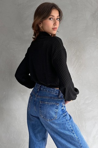 Markahit Defile Balıkçı Yaka Dokulu Crop Bluz Siyah