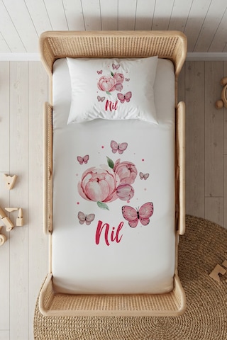 %100 Pamuk Saten İsme Özel İsimli 100x200 Tek Kişilik Lastikli Çarşaf Seti Tomurcuk Beyaz