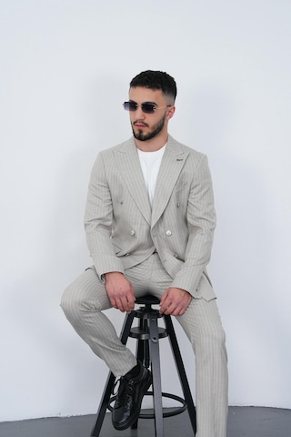 Dupont Classics Dupont Slim Fit Sivri Yaka 6 Drop Çift Yırtmaç Çizgili Viskon Kruvaze Erkek Takım Elbise Açık Gri
