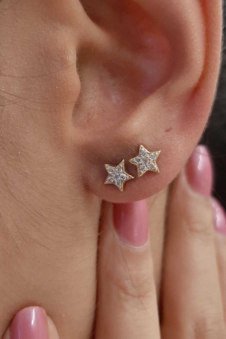 Fiyonk Kuyumculuk 14 Ayar Altın Swarovski Taşlı Küçük Yıldız Küpe 001