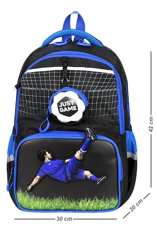 3'lü Set İlkokul Çantası Futbol Topu Desenli Takım Termal Folyo Beslenmeli Erkek Çocuk İlkokul Sırt Çantası Mavi