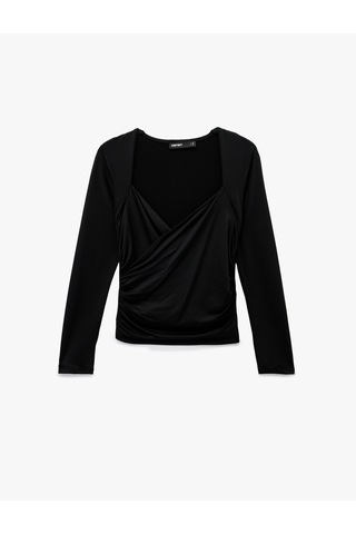 Koton Uzun Kollu Slim Fit Kruvaze V Yaka Saten Bluz Siyah 6wak50356ek Siyah