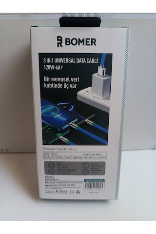 Bomer 3825 120w 6a 3 İn 1 Unıversal Data Cable 120w 6a Şarj Ve Data Kablosu 3 In 1